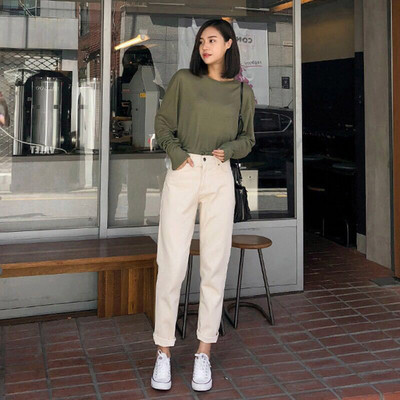 Model nou de blugi casual dama cu talie inalta in negru si bej - model drept