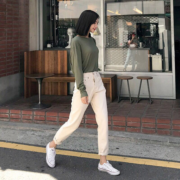 Model nou de blugi casual dama cu talie inalta in negru si bej - model drept