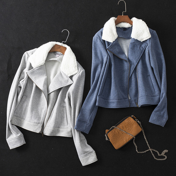 Hanorac modern de damă cu fermoar și guler moale în gri și albastru
