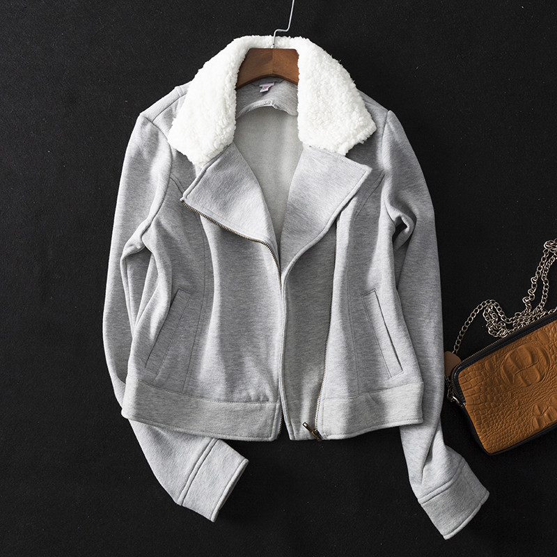 Hanorac modern de damă cu fermoar și guler moale în gri și albastru