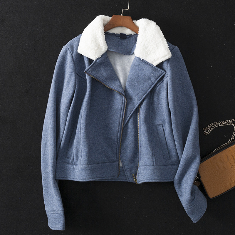 Hanorac modern de damă cu fermoar și guler moale în gri și albastru