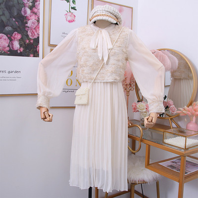 Set rochie dama model nou cu fusta plisata + vesta in doua culori