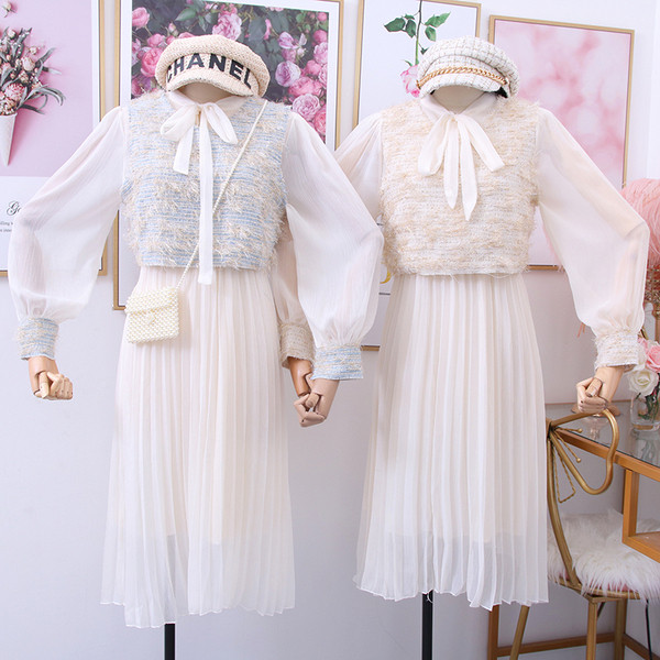 Új modell női ruha szett rakott szoknya + mellény két színben