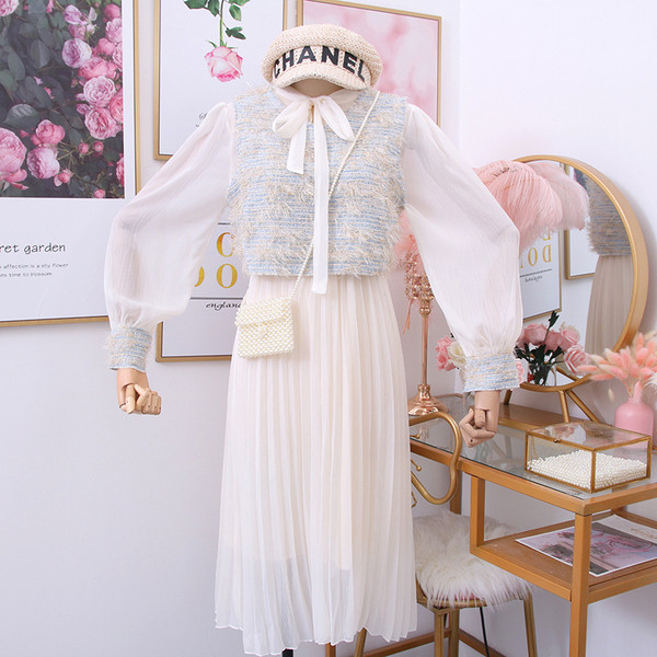 Új modell női ruha szett rakott szoknya + mellény két színben