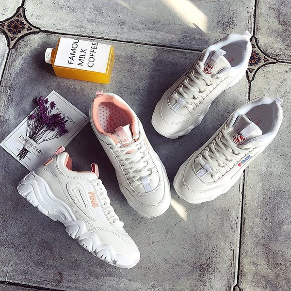 Model NOU de adidasi de dama cu talpa groasa si sireturi in alb si roz