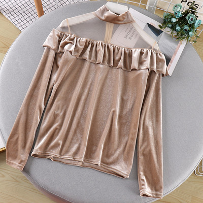 Γυναικεία casual μπλούζα βελούδο με ψηλό γιακά και τούλι σε διάφορα χρώματα