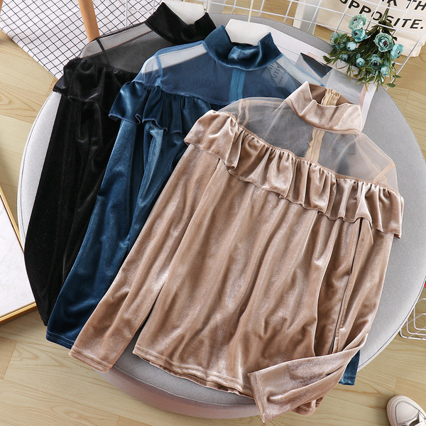 Γυναικεία casual μπλούζα βελούδο με ψηλό γιακά και τούλι σε διάφορα χρώματα