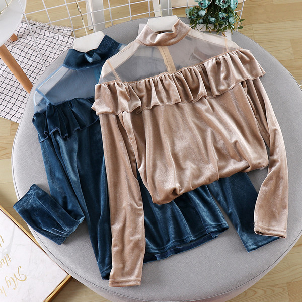 Γυναικεία casual μπλούζα βελούδο με ψηλό γιακά και τούλι σε διάφορα χρώματα