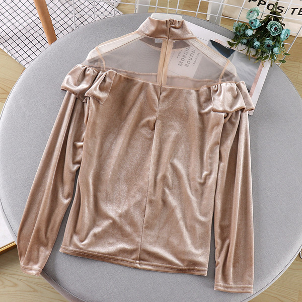 Γυναικεία casual μπλούζα βελούδο με ψηλό γιακά και τούλι σε διάφορα χρώματα