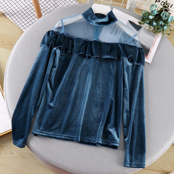 Γυναικεία casual μπλούζα βελούδο με ψηλό γιακά και τούλι σε διάφορα χρώματα