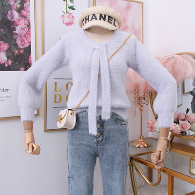 Κομψό γυναικείο πουλόβερμε κορδόνια σε μπεζ, ροζ, μπλε και άσπρο χρώμα