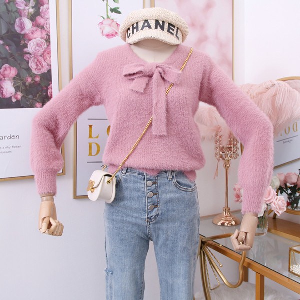 Κομψό γυναικείο πουλόβερμε κορδόνια σε μπεζ, ροζ, μπλε και άσπρο χρώμα