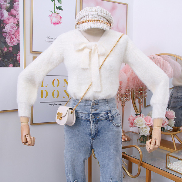 Κομψό γυναικείο πουλόβερμε κορδόνια σε μπεζ, ροζ, μπλε και άσπρο χρώμα