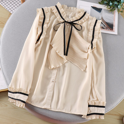 Cămașă de damă cu panglică și nasturi în alb și bej