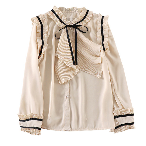 Cămașă de damă cu panglică și nasturi în alb și bej