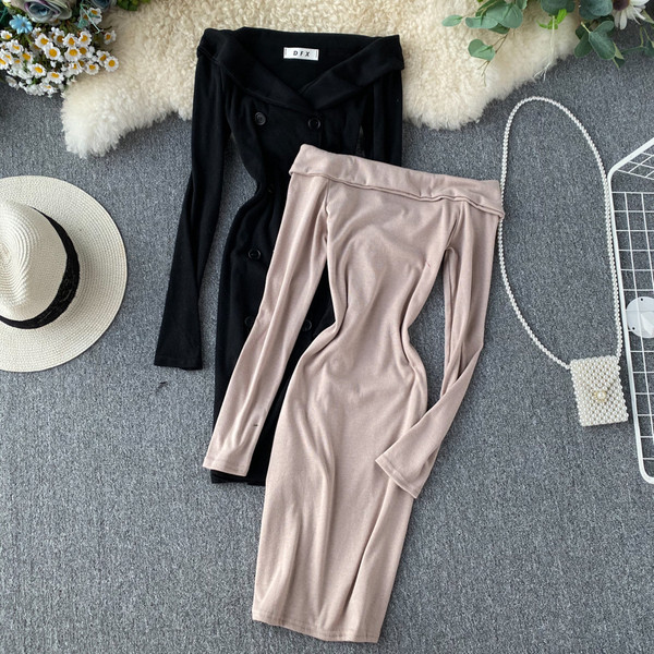 Rochie de dama cu nasturi si maneci lungi in doua culori