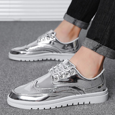 Pantofi casual barbatesti cu sireturi si talpa plata in auriu, argintiu si negru