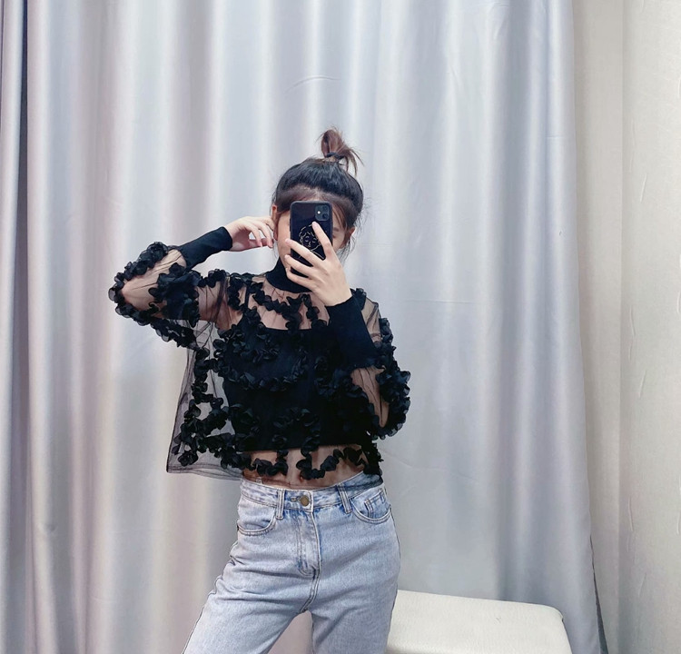 Γυναικεία διαφανή  μπλούζα από τούλι σε μαύρο χρώμα με ψηλό γιακά