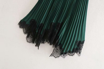 Fusta lunga plisata cu dantela de culoare verde