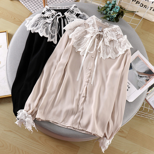 Cămăși de damă moderne cu dantelă și cravate în bej și negru