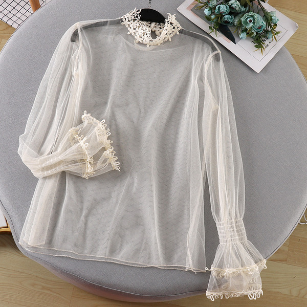 Дамска ежедневна тюлена блуза с бродерия в бежов,бял и черен цвят