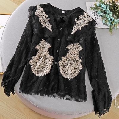 Дамска модерна дантелена блуза с бродерия и копчета в бял и черен цвят