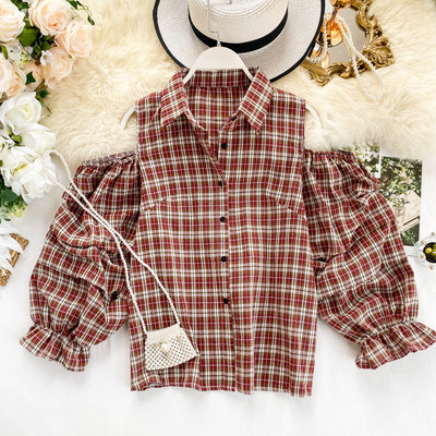 Γυναικείο καρό πουκάμισο με γυμνούς ώμους σε διάφορα χρώματα και κλασικό γιακά