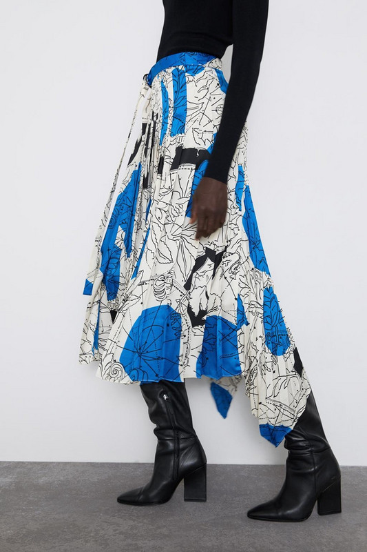 Hosszú aszimmetrikus redős szoknya mintás mintával