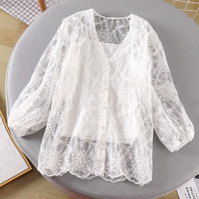 Модерна дамска блуза с копчета и дантела в бял,черен и бежов цвят