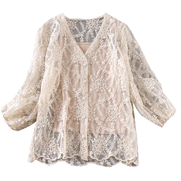 Модерна дамска блуза с копчета и дантела в бял,черен и бежов цвят