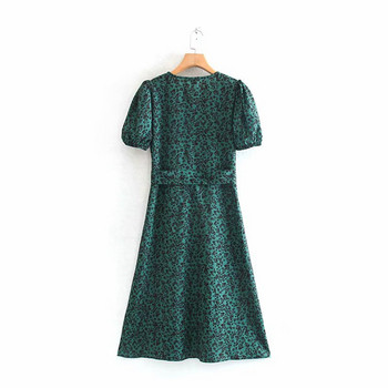 Μακρύ γυναικείο πράσινο φόρεμα με δεσμούς μέσης και πλάγια σχισμή