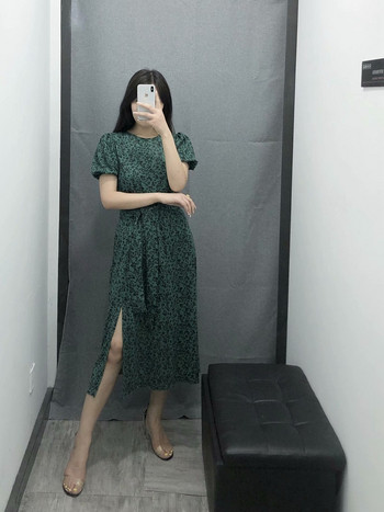 Μακρύ γυναικείο πράσινο φόρεμα με δεσμούς μέσης και πλάγια σχισμή