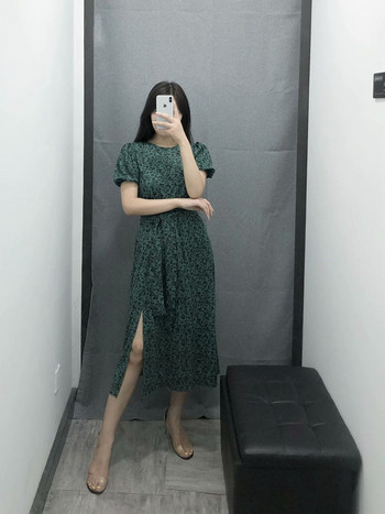 Μακρύ γυναικείο πράσινο φόρεμα με δεσμούς μέσης και πλάγια σχισμή