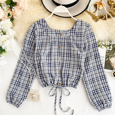 Γυναικείο καρό πουκάμισο με  κουμπιά και το τετράγωνο ντεκολτέ