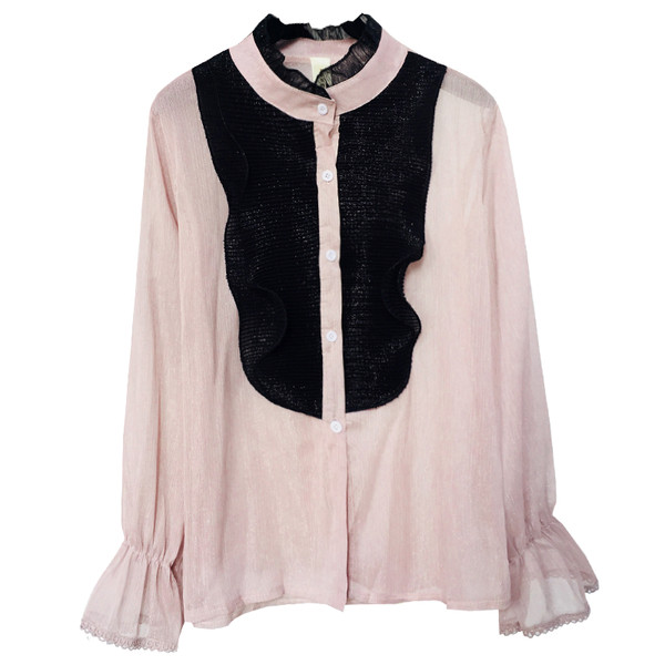 Cămașă de damă cu dantelă la guler în roz și alb