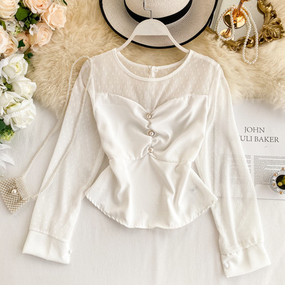 Cămașă modernă de damă cu perle și decolteu rotund în trei culori