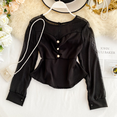 Cămașă modernă de damă cu perle și decolteu rotund în trei culori