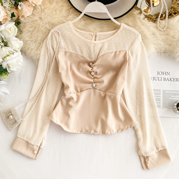 Cămașă modernă de damă cu perle și decolteu rotund în trei culori