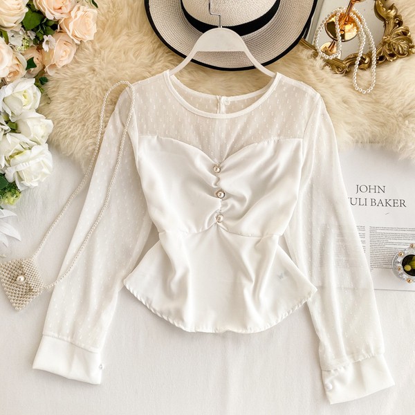 Cămașă modernă de damă cu perle și decolteu rotund în trei culori