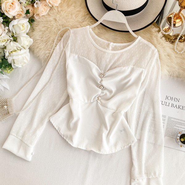 Cămașă modernă de damă cu perle și decolteu rotund în trei culori