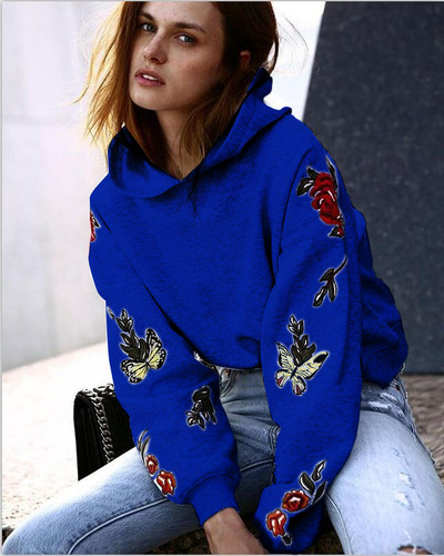 Hanorac de dama cu gluga si broderie in gri, negru, galben si albastru