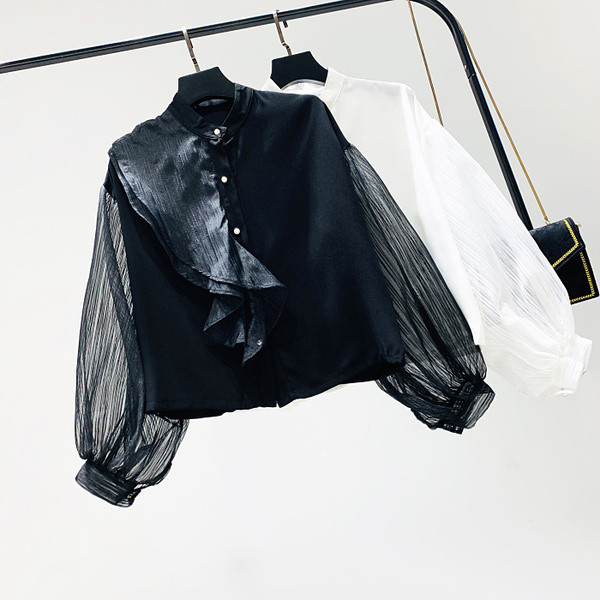 Cămașă de damă cu mâneci largi în alb-negru