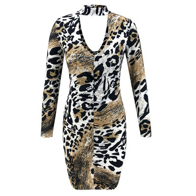 Μοντέρνο γυναικείο φόρεμα με βαθύ λαιμόκοψη και ζωικό σχεδιασμό