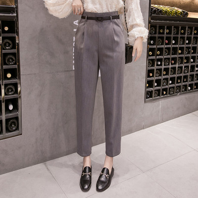 Pantaloni moderni de dama cu talie inalta si curea in gri si negru