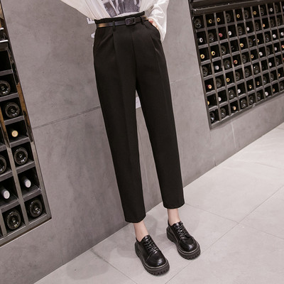 Pantaloni moderni de dama cu talie inalta si curea in gri si negru