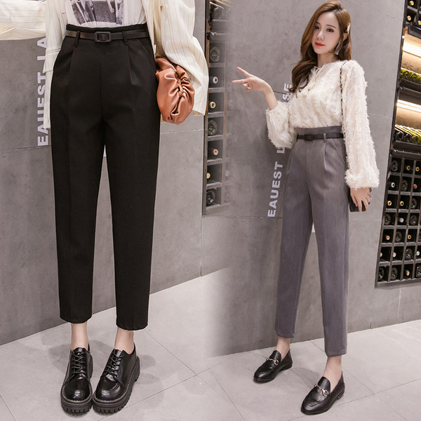 Pantaloni moderni de dama cu talie inalta si curea in gri si negru