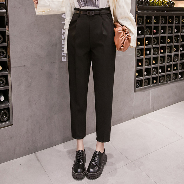 Pantaloni moderni de dama cu talie inalta si curea in gri si negru