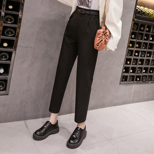 Модерен дамски панталон с висока талия и колан в сив и черен цвят