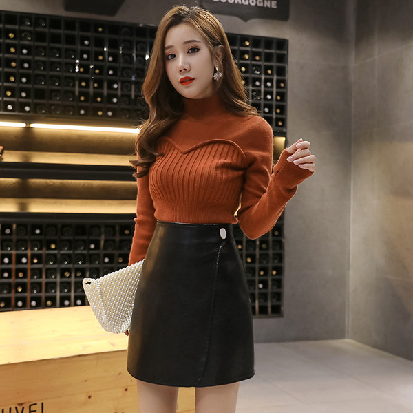 Νέο μοντέλο οικολογική δερμάτινη κοντύ φούστα σε πράσινο, μαύρο και μπεζ χρώμα