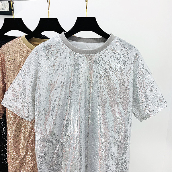 Bluză de damă modernă cu mâneci scurte - model lung cu paiete